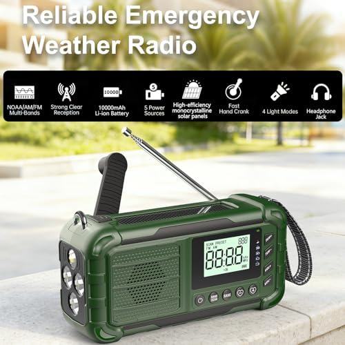 Emergency NOAA Weather Radio, 10000mAh Solar Hand Crank Radio with AM/FM